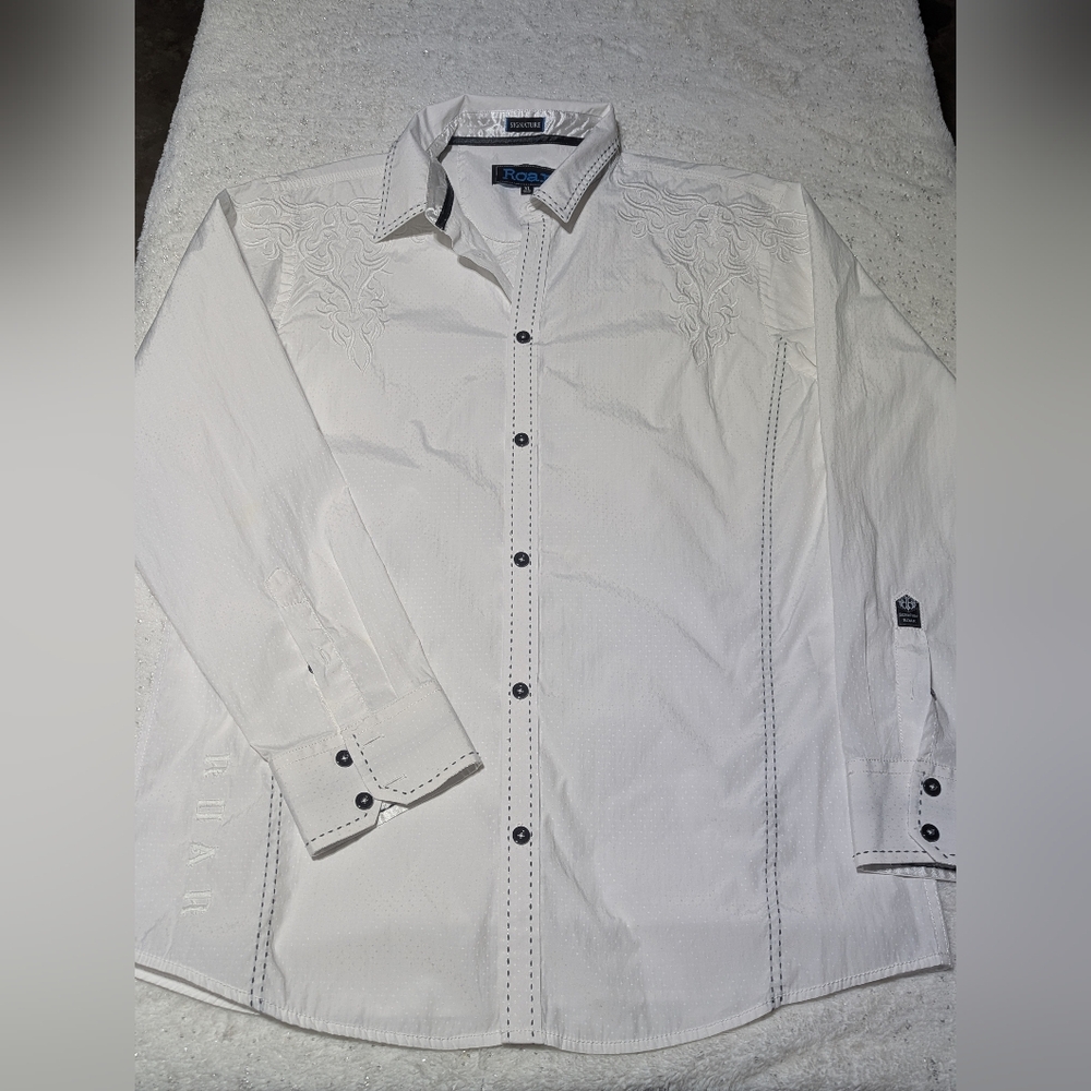 Roar Signature White Embroidered Western Button-Up Shirt Mens XL
